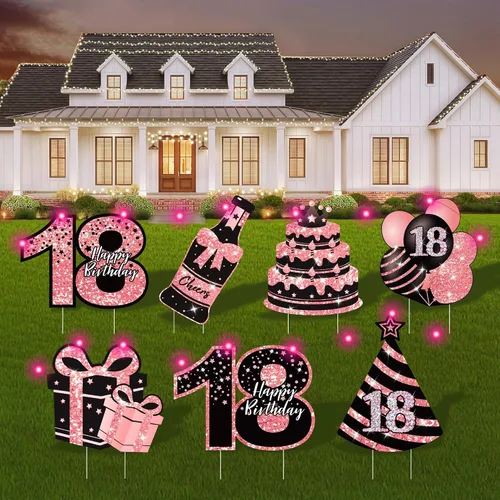Vista 18 de Decoraciones de cumpleaños número 13 para niñas - 7 piezas de letreros de cumpleaños rosas para el patio con estacas, 2 piezas de luces LED Rosa 13