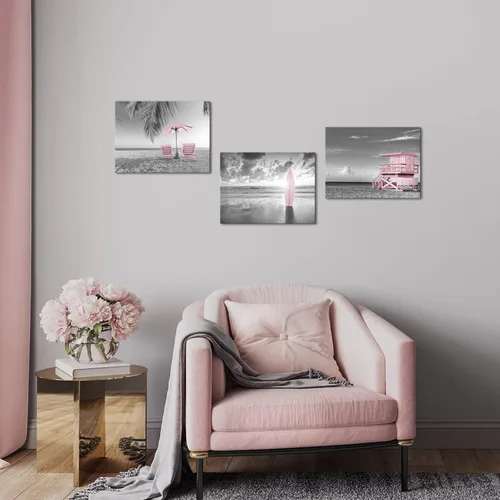 Vista 5 de Biuteawal 3 piezas de arte de pared costero de playa, impresiones artísticas para decoración de paisaje marino de verano, pintura temática gris