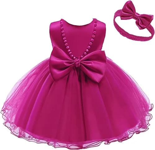 Vista 10 de 6M-6T Vestido de encaje sin espalda para bebé, vestido formal de princesa con gorro Rosa bebé
