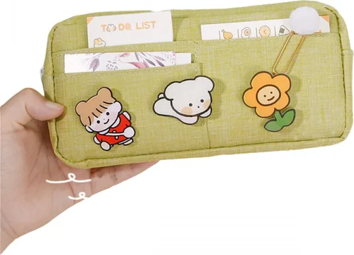 Vista 4 de Estuche grande Kawaii de almacenamiento de artículos de papelería, bolsa de lona para lápices, bolsa de maquillaje, suministros escolares para niñas