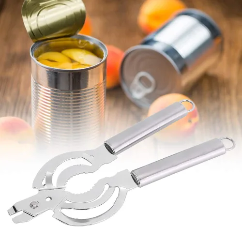 Vista 2 de Abrelatas de acero inoxidable multifuncional, abridor de latas manual removedor de tapa de tarro de botella ajustable, práctico tornillo de lata