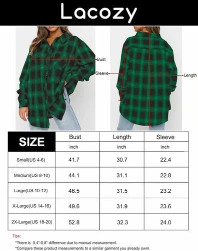 Vista 5 de Lacozy Camisa de franela a cuadros para mujer, manga larga, cuello con botones, blusas