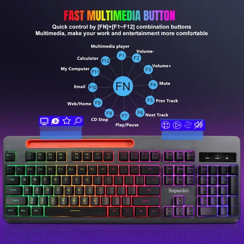 Vista 5 de Snpurdiri - Combo de teclado y mouse inalámbricos para juegos, recargable True RGB True RGB de tamaño completo con soporte para tabletateléfono