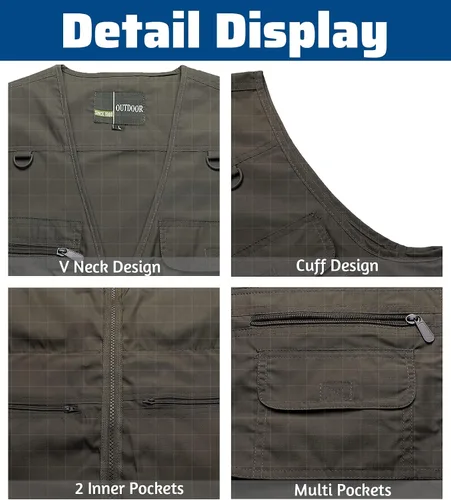 Vista 4 de Chaleco de pesca para hombre, de secado rápido, con bolsillos, transpirable, para fotografía, para exteriores, sin mangas