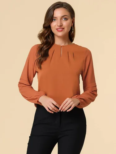 Vista 3 de Allegra K Blusa elegante con cuello en ojo de cerradura semitransparente para mujer Coffee