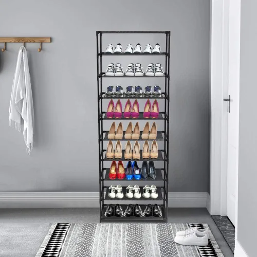 Vista 2 de Zapatero alto de 10 niveles – Organizador de zapatos independiente – Organizador de armario de metal y tela no tejida – Soporte apilable
