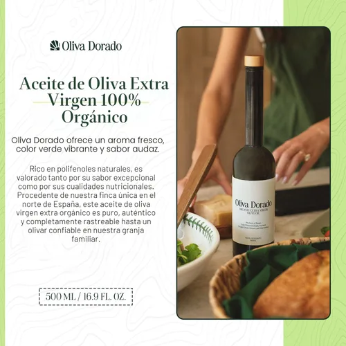 Vista 2 de Oliva Dorado Aceite de oliva virgen extra orgánico, 100% sin refinar y prensado en frío, hecho de aceitunas arbequinas ricas en polifenoles, origen