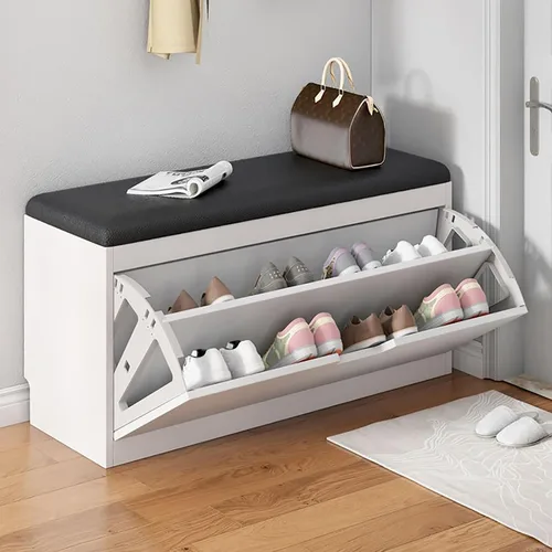 Vista 11 de Banco de zapatos, banco con almacenamiento de zapatos, banco de entrada superior con cojín extraíble, zapatero de madera con cajón de almacenamiento