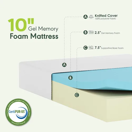 Vista 3 de Furinno Tidur - Colchón de espuma viscoelástica de gel refrescante, 10 pulgadas, individual, color blanco