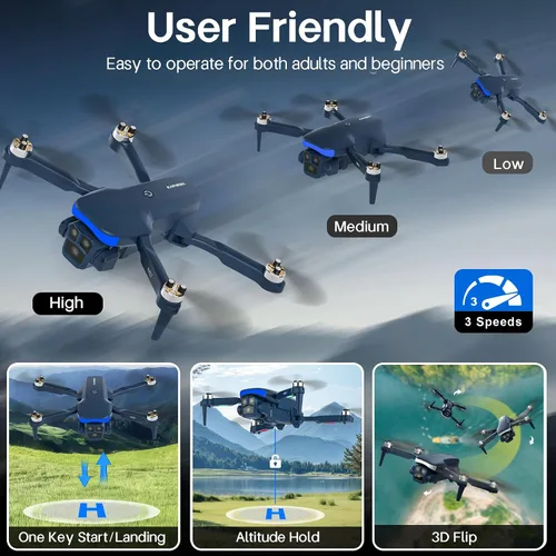 Vista 3 de Mini Dron Profesional con Cámara Ajustable Eléctrica LED Azul, Drones sin Escobillas FPV para Adultos de Largo Alcance, Control de Gravedad, Selfie