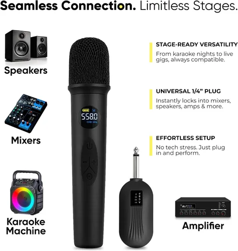 Vista 6 de Sistema de Micrófono Inalámbrico Bowens – Micrófono Inalámbrico para Karaoke con Receptor, Control de Eco, Pantalla LCD, Carga USB-C, Adaptador
