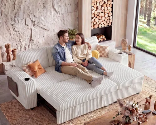 Vista 17 de WEUP Sofá cama modular de 111 pulgadas con cama extraíble, sofá de pana de felpa en forma de L de 7 asientos con diván de almacenamiento, puertos