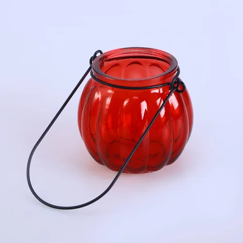 Vista 4 de Portavelas de vidrio para té de vidrio, portavelas votivas, soporte para velas de té de calabaza, candelabros colgantes para festivales, bodas, Rojo