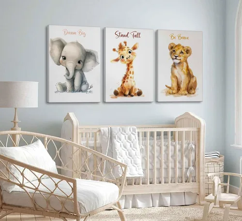 Vista 2 de 3 piezas de lienzo de safari para guardería, arte de pared para niños, lindo animal inspirador, león, jirafa, elefante, pintura, imagen, decoración
