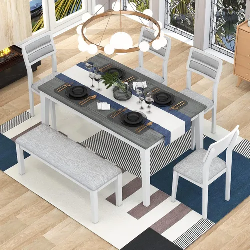Vista 11 de Harper & Bright Designs 6-Piece Solid Wood Kitchen Dining Table Set, 60" Rectangular Table with 4 High-Back Tufted Upholstered Chairs & 1 Bench for