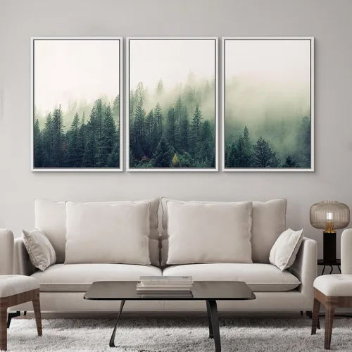 Vista 107 de SIGNWIN Lienzo enmarcado para pared, juego de arte pastel con cadena montañosa, bosque, niebla, naturaleza silvestre, ilustraciones modernas, arte