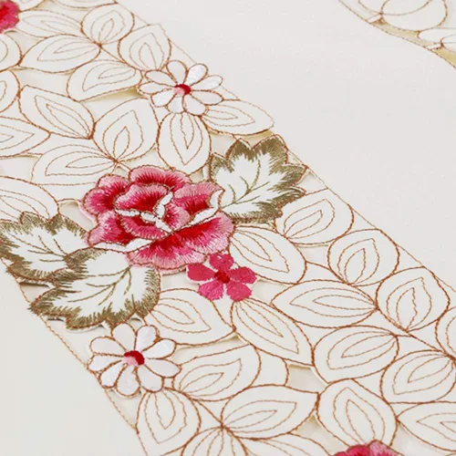 Vista 6 de LeLehome - Mantel de encaje bordado con flores cafés, color crema y beige, diseño clásico y tela que no se arruga para mesa de comedor