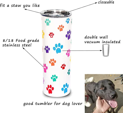 Vista 7 de Vasos delgados para perros de 20 onzas, taza de viaje para mamá, vaso con estampado de patas con tapa para mujeres, regalos de festival compuesto