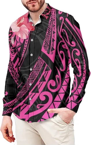 Vista 9 de Camisa de guayabera polinesia para hombre, patrón de Samoa Americana, vintage, cuello en V, manga larga, hawaiana, camisas de vestir para hombres