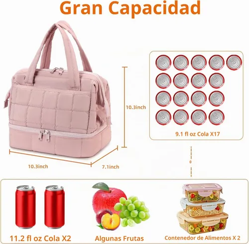 Vista 3 de Bluboon Lonchera para mujeres Bolsa de almuerzo aislada de doble cubierta, Lonchera acolchada de quilt con abertura ancha, loncheras reutilizables