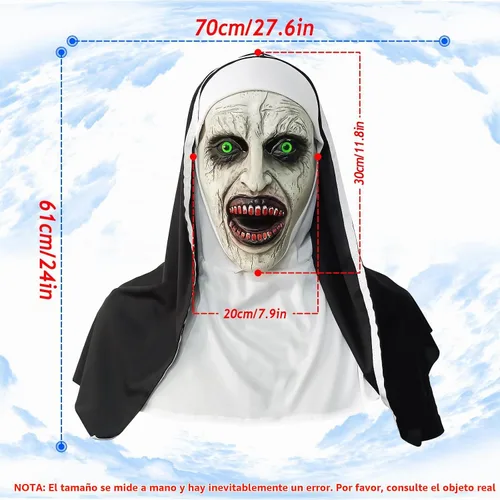 Vista 3 de Máscara de terror de monja 2024, máscara de disfraz de cabeza completa con collar de cruz para fiesta de Halloween