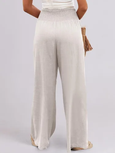 Vista 8 de ANRABESS Pantalones palazzo de lino para mujer, estilo bohemio, pierna ancha, cintura alta, informal, para descansar, playa, viajes, vacaciones
