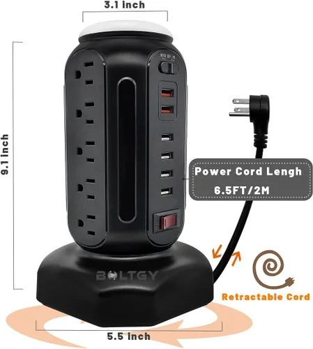 Vista 7 de Estación de carga rápida total de enchufe plano, protector con 15 salidas de CA y 6 puertos USB (2 de carga rápida), regleta de alimentación