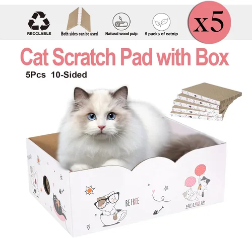 Vista 5 de 5 paquetes en 1 almohadilla para arañazos para gatos con caja, cartón rascador para gatos, reversible, cartón duradero reciclable, adecuado para que
