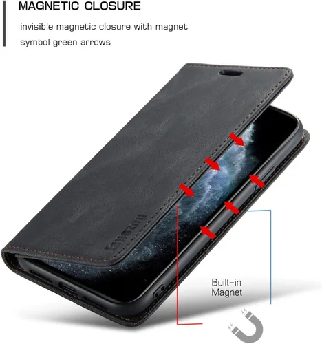 Vista 5 de japezop Funda tipo cartera compatible con iPhone Xs/iPhone X con tarjetero y bloqueo RFID, funda de cuero suave con soporte magnético y funda Negro