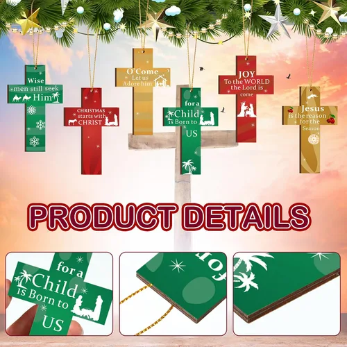 Vista 3 de Poen 24 adornos colgantes de cruz de madera con cuerdas, adorno de Navidad a granel para árbol de Navidad, decoración de cumpleaños, boda, fiesta