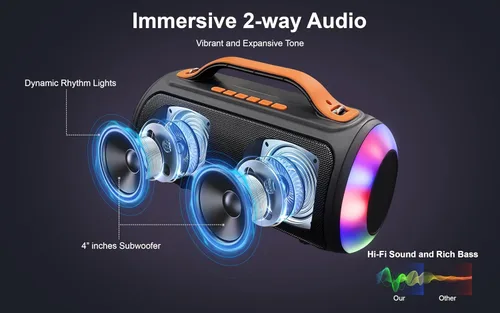 Vista 2 de Fisher Altavoces Bluetooth, altavoz inalámbrico portátil de 20 W de potencia máxima Boombox con sonido HD y luces, resistente al agua, tiempo