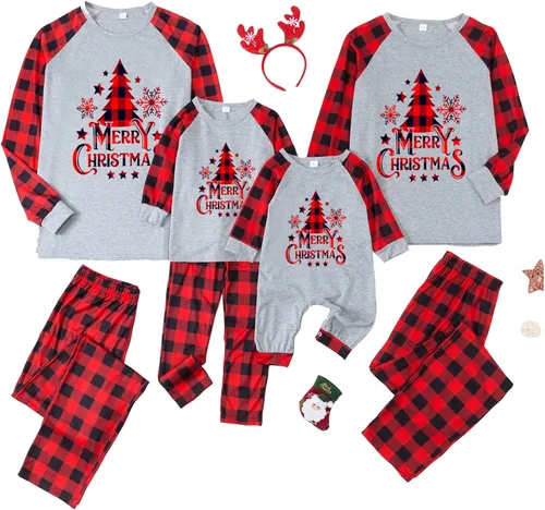 Vista 2 de TWGONE Pijamas de Navidad para la familia pijamas divertidas para hombres y mujeres ropa de descanso a cuadros renos de algodón