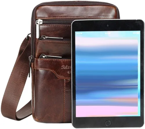 Vista 2 de Hebetag Bolso bandolera de cuero pequeño para hombres y mujeres, para viajes al aire libre, negocios