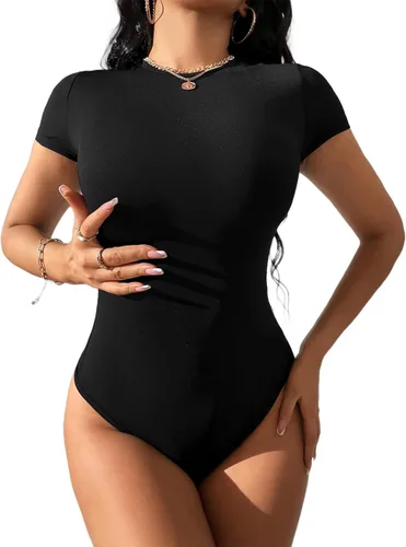Vista 5 de LilyCoco Body básico de manga corta para mujer, cuello redondo, leotardos