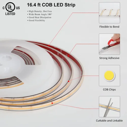 Vista 4 de dephen Tira de luces LED COB para exteriores de 16.4 pies, DC24 V 4000 K, 528 LEDS/m, IP67 impermeable cortable con cinta 3M para el hogar, balcón