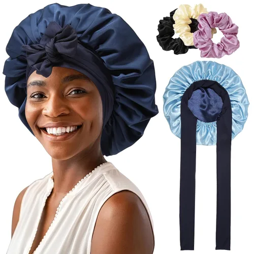 Vista 16 de Gorro de satén para mujer, con banda de amarre para el cabello, para dormir, grande de 2 capas, gorro de dormir de seda para dormir con 3 coleteros