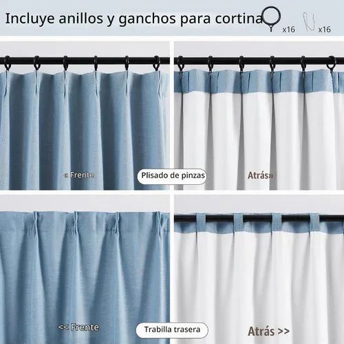 Vista 6 de Blue Pinch Pleated Linen Blend Full Blackout Curtains 84" Living Room 2pcs Azul