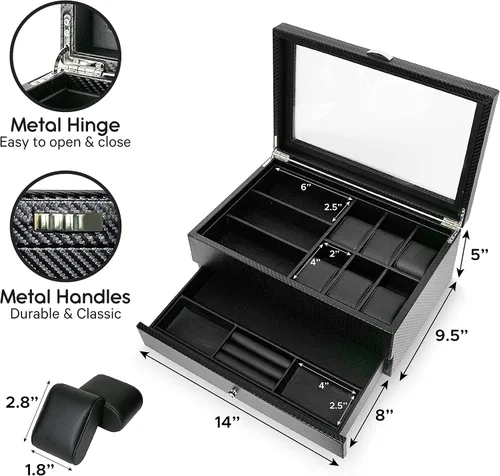 Vista 5 de HAUTEROW Caja organizadora de relojes para hombres, caja de joyería, estuche de reloj, organizador de gafas de sol, bandeja de valet, organizador
