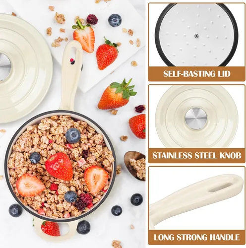 Vista 4 de E-far Sartén de hierro fundido esmaltado con tapa, cacerola de horno holandés de 1 cuarto de galón, mini olla para cocinar, hervir, saludable