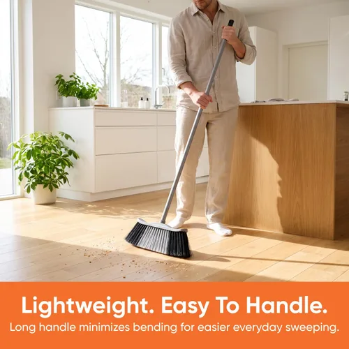 Vista 6 de Superio Escoba gris, escoba resistente para interiores y exteriores con mango de 48 pulgadas, limpieza de suelos multisuperficie para el hogar Gris