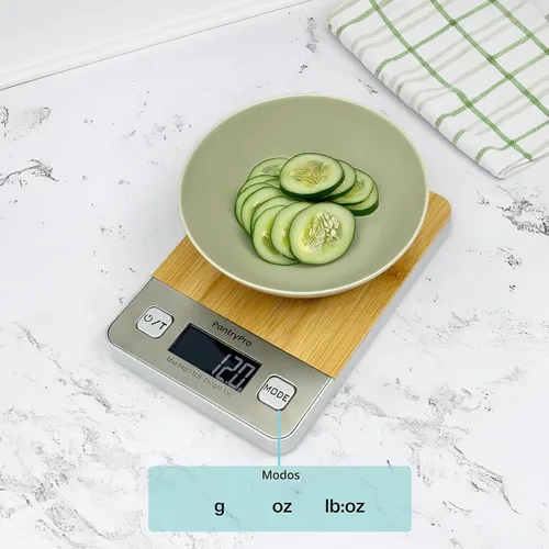 Vista 4 de The Display Guys - Báscula digital de cocina con plataforma de bambú, para laboratorio de café y alimentos, pantalla LCD, gramos, capacidad de 11