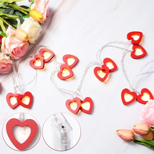 Vista 4 de Mudder Guirnalda de luces de hadas para el día de San Valentín, 10 pies, 20 luces LED de madera con forma de corazón rojo y rosa para decoración