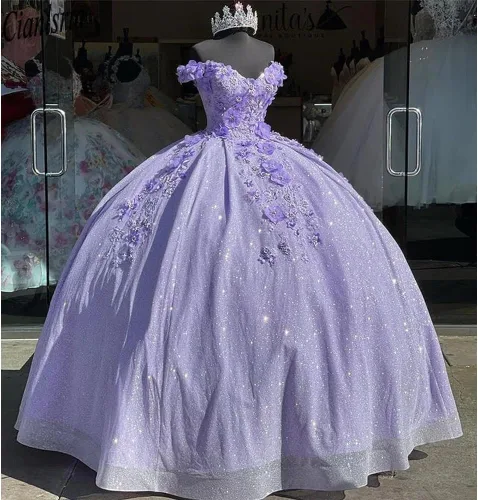Vista 8 de Ftupza Preciosos vestidos de quinceañera florales 3D vestidos de tul hinchados para mujeres fuera del hombro vestido de fiesta largo FFtu09