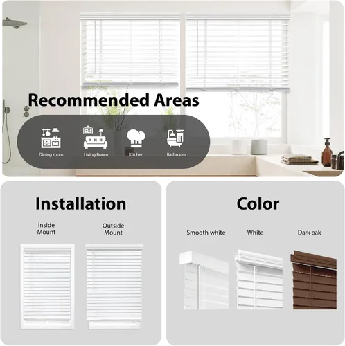 Vista 5 de DEZ FURNISHINGS Persiana inalámbrica de madera sintética de 2 pulgadas, 70 pulgadas de ancho x 64 pulgadas de alto, color blanco