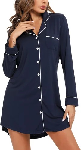 Vista 11 de Samring Camisón de pijama para mujer, manga corta/larga, con botones, camisón para dormir, camisón para novio, talla XXL