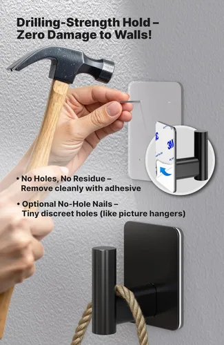 Vista 4 de 4smile Ganchos adhesivos para toallas para baños, juego de 4 percheros autoadhesivos negros, ganchos resistentes, incluye clavos de montaje