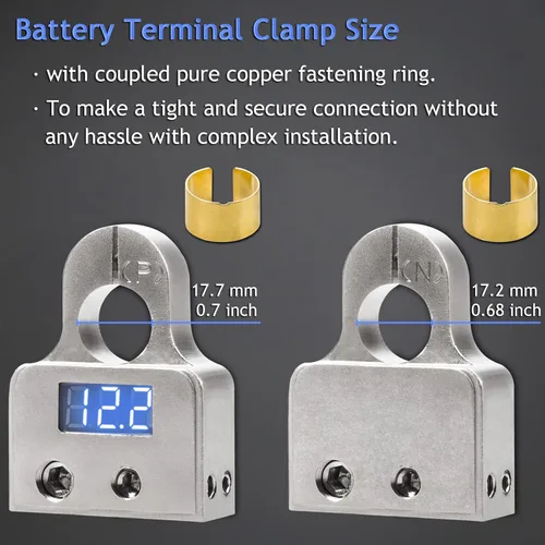 Vista 5 de Conectores de terminal de batería de coche con voltímetro, abrazaderas de poste superior y cuñas de calibre 0/4/8 AWG de alta resistencia para audio