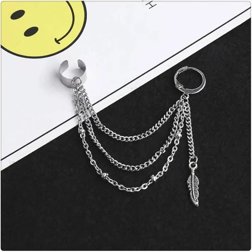 Vista 3 de Aretes de trepador con borla vintage para mujeres, niñas y hombres, cartílago de acero inoxidable, clip de vid en hoja de plumas, cadena multicapa