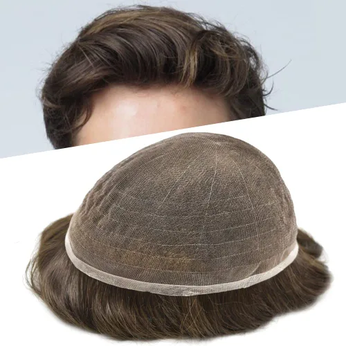 Vista 51 de Completo suizo encaje tupé para hombres pieza de pelo real sistema de reemplazo de cabello humano para hombres Toupee Hairpieces para hombres 7x9