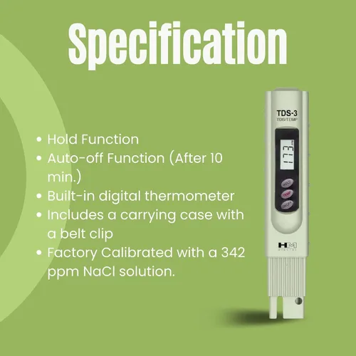 Vista 4 de HM Digital TDS-3 medidor de TDS portátil con funda de transporte, rango de medición de TDS de 0 - 9990 ppm, resolución de 1 ppm, precisión